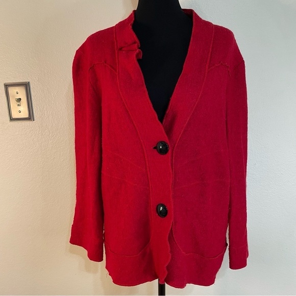 Vintage‎ Red Wool Blend Felted Cardigan Sweater Wool  Blazer Cottagecore Rosette - Picture 2 of 15